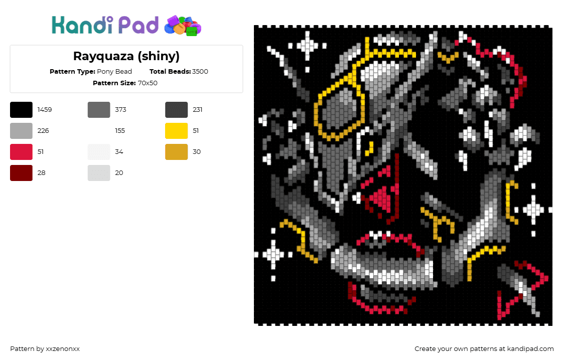 Rayquaza (shiny) - Pony Bead Pattern by xxzenonxx on Kandi Pad - rayquaza,pokemon,character,panel,gaming,black,gray,red