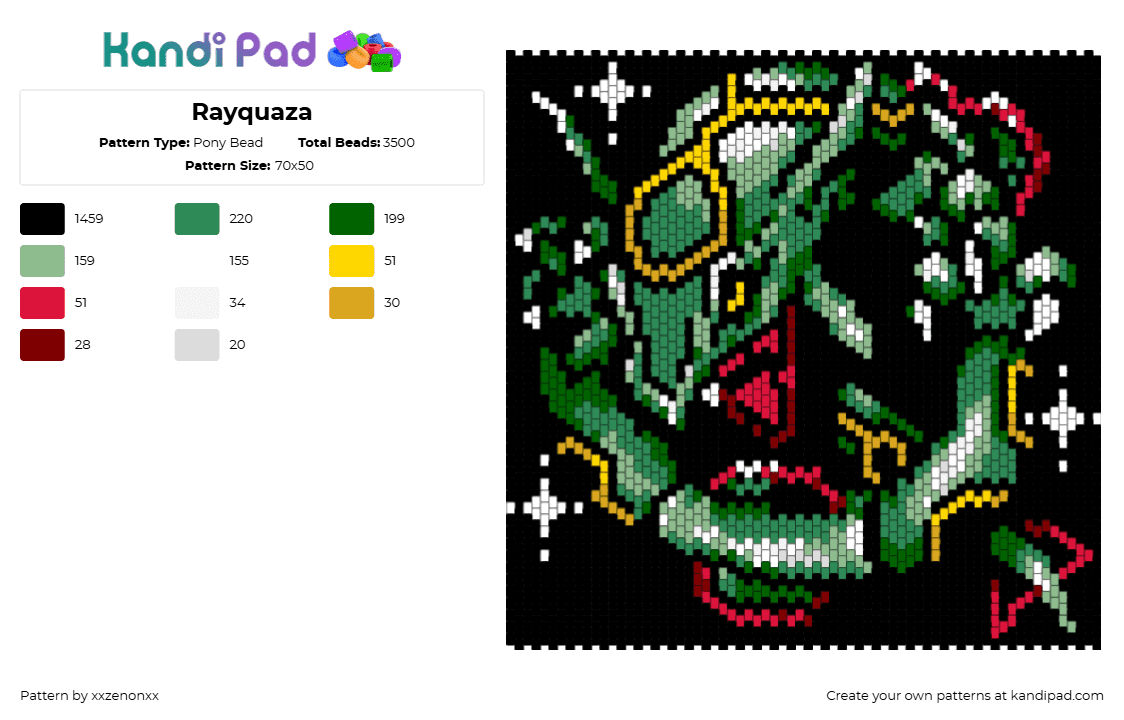 Rayquaza - Pony Bead Pattern by xxzenonxx on Kandi Pad - rayquaza,pokemon,character,panel,gaming,black,green