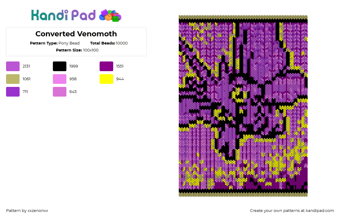 Converted Venomoth - Pony Bead Pattern by xxzenonxx on Kandi Pad - venomoth,pokemon,gaming,panel,purple,yellow