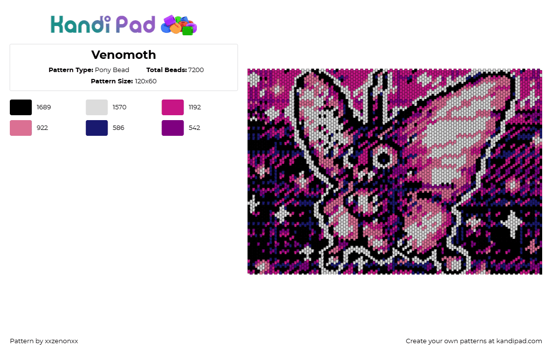 Venomoth - Pony Bead Pattern by xxzenonxx on Kandi Pad - venomoth,pokemon,gaming,panel,tapestry,pink