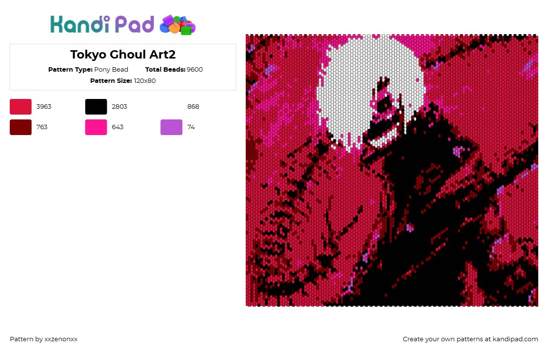 Tokyo Ghoul Art2 - Pony Bead Pattern by xxzenonxx on Kandi Pad - tokyo ghoul,manga,tapestry,panel,dark,spooky,black,red