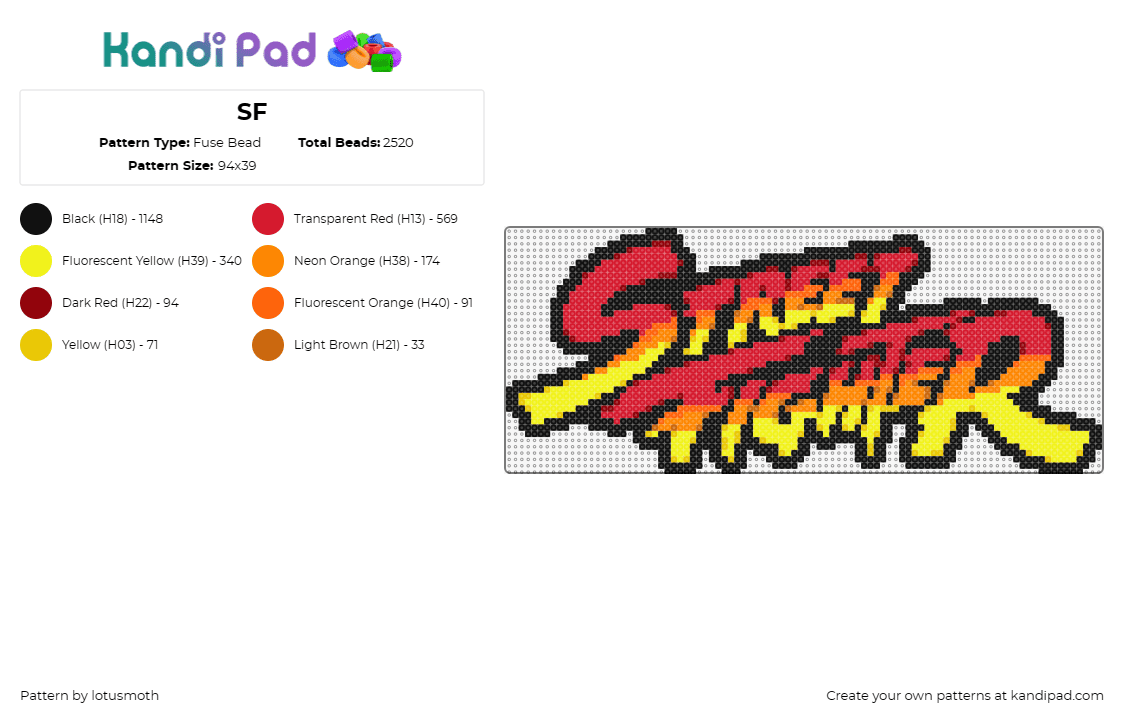 SF - Fuse Bead Pattern by lotusmoth on Kandi Pad - street fighter,capcom,logo,arcade,video game,classic,retro,red,yellow