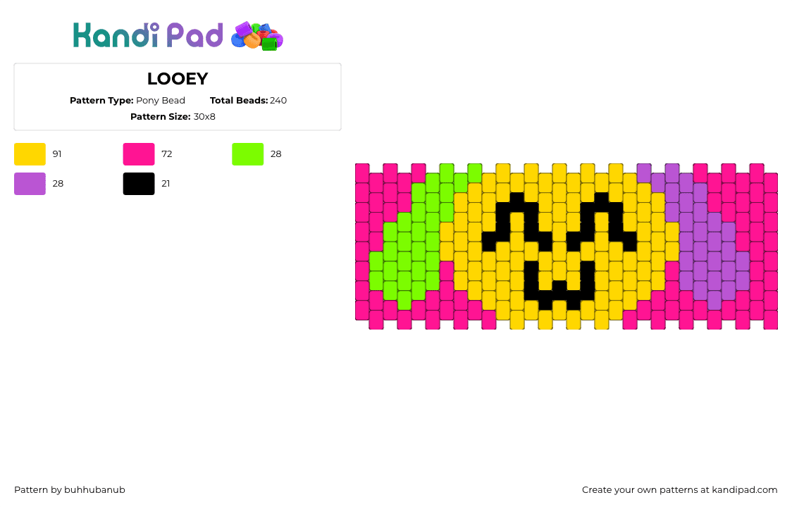 LOOEY - Pony Bead Pattern by buhhubanub on Kandi Pad - looey,dandys world,happy,smile,character,video game,colorful,bright,cuff,yellow,pink,green,purple