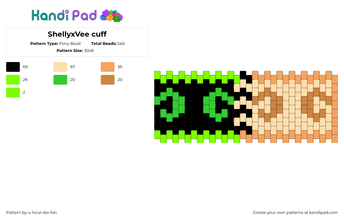 ShellyxVee cuff - Pony Bead Pattern by u-local-dw-fan on Kandi Pad - vee,shelly,dandys world,video game,cuff,green,black,tan