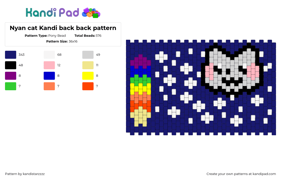 Nyan cat Kandi back back pattern - Pony Bead Pattern by kandistarzzzz on Kandi Pad - nyan cat,meme,night,bag,panel,gray,blue