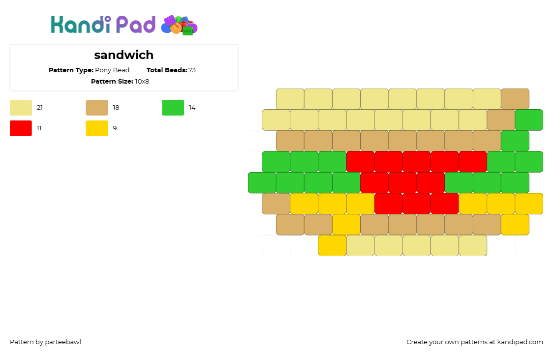 sandwich - Pony Bead Pattern by parteebawl on Kandi Pad - sandwich,food,bread,lettuce,tomato,charm,tan,red,green