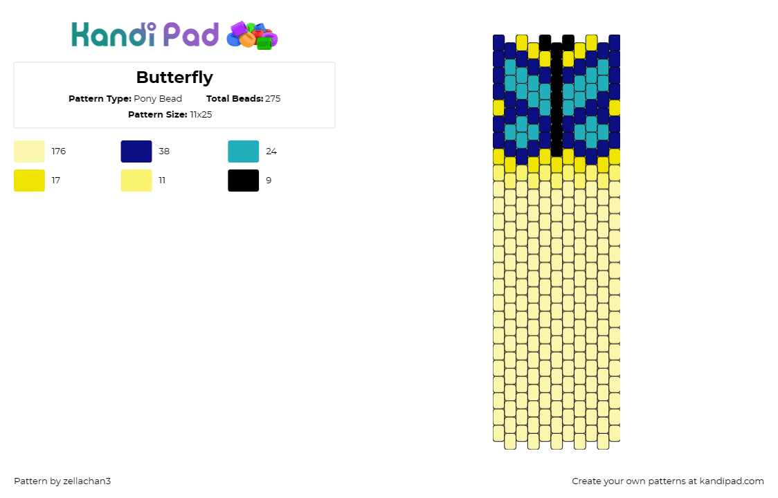 Butterfly - Pony Bead Pattern by zellachan3 on Kandi Pad - butterfly,insect,moth,animal,bookmark,cuff,simple,pastel,blue,yellow