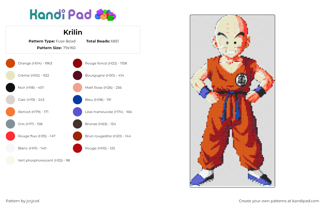 Krilin - Fuse Bead Pattern by jccjcvd on Kandi Pad - krillin,dragon ball z,anime,character,tv show,orange