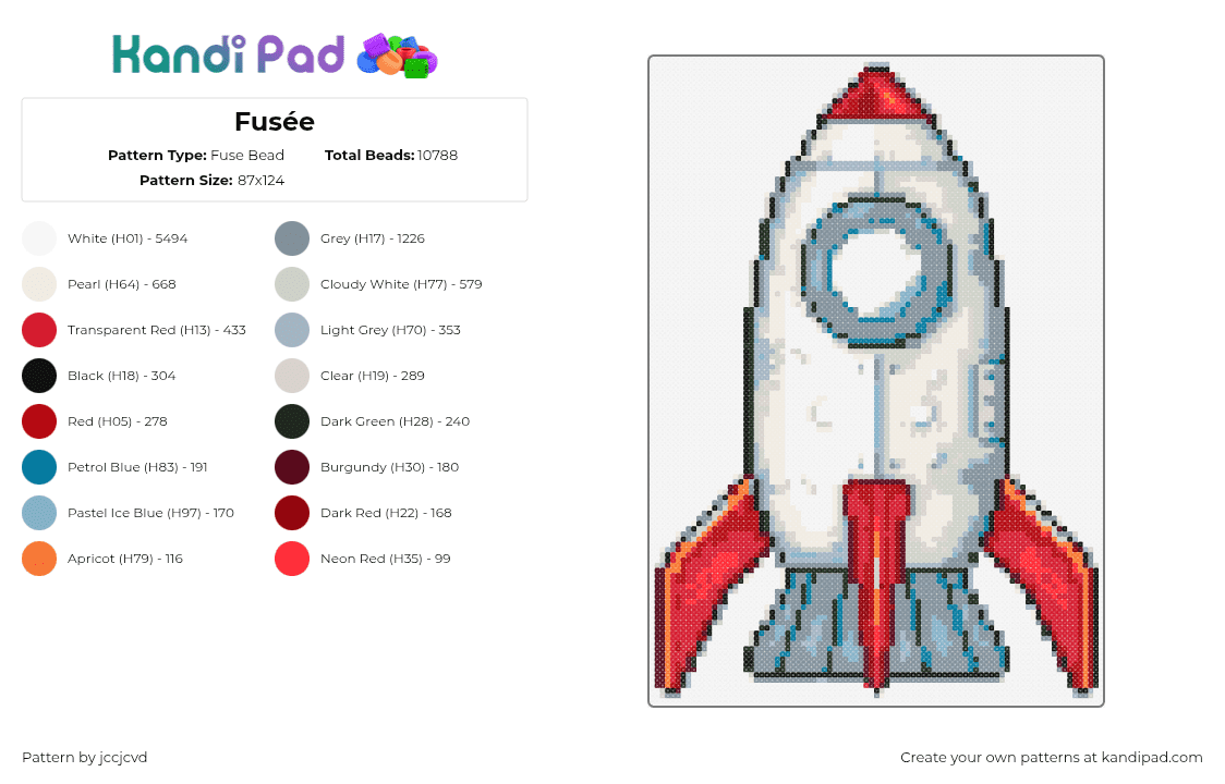 Fusée - Fuse Bead Pattern by jccjcvd on Kandi Pad - rocket,space ship,astronaut,vehicle,red,gray