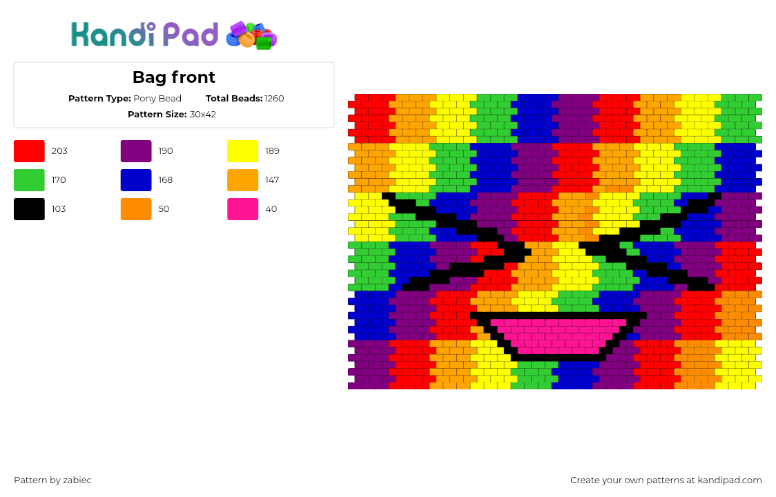 Bag front - Pony Bead Pattern by zabiec on Kandi Pad - emoticon,checkered,rainbow,face,bag,panel,trippy,colorful