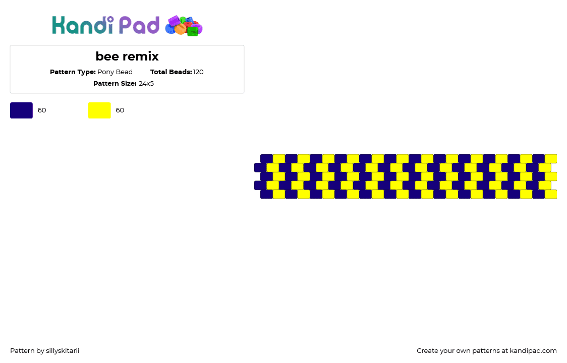 bee remix - Pony Bead Pattern by sillyskitarii on Kandi Pad - vertical,stripes,repeating,cuff,blue,yellow