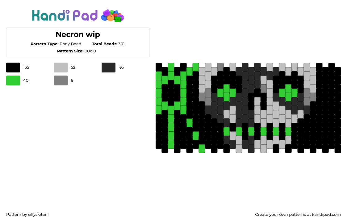 Necron wip - Pony Bead Pattern by sillyskitarii on Kandi Pad - necron,warhammer,skeleton,skull,gaming,spooky,dark,cuff,black,gray,green