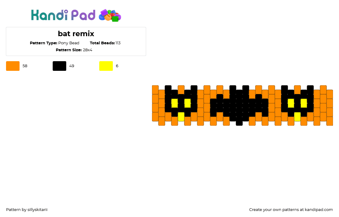 bat remix - Pony Bead Pattern by sillyskitarii on Kandi Pad - bats,halloween,silhouette,bracelet,cuff,orange,black