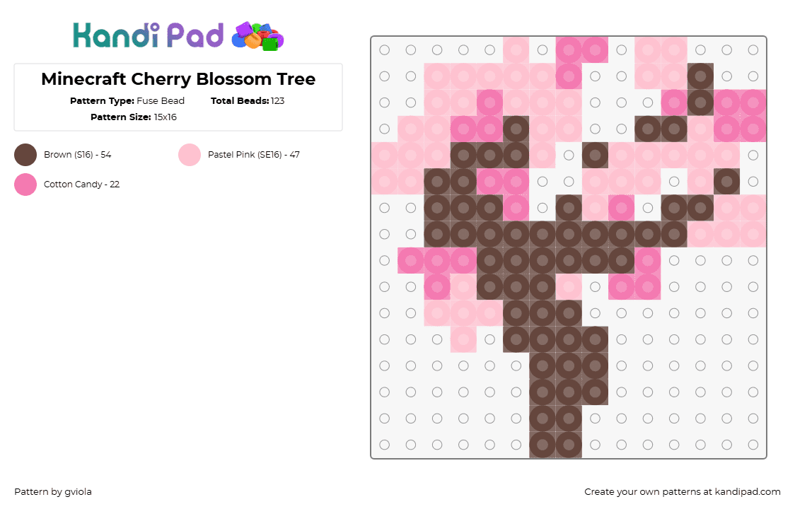 Minecraft Cherry Blossom Tree - Fuse Bead Pattern by gviola on Kandi Pad - cherry blossom,tree,minecraft,nature,video game,brown,pink