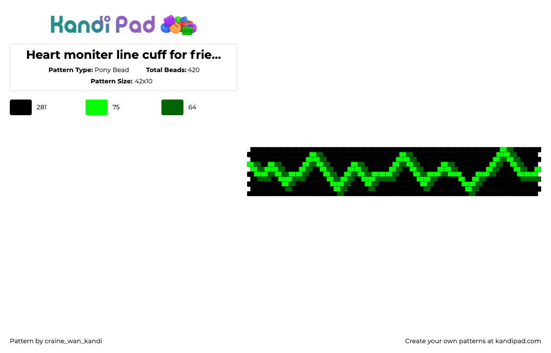 Heart moniter line cuff for friend :3 - Pony Bead Pattern by craine_wan_kandi on Kandi Pad - black,green