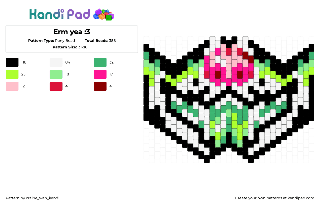 Erm yea :3 - Pony Bead Pattern by craine_wan_kandi on Kandi Pad - fursona,furry,tongue,mask,white,green