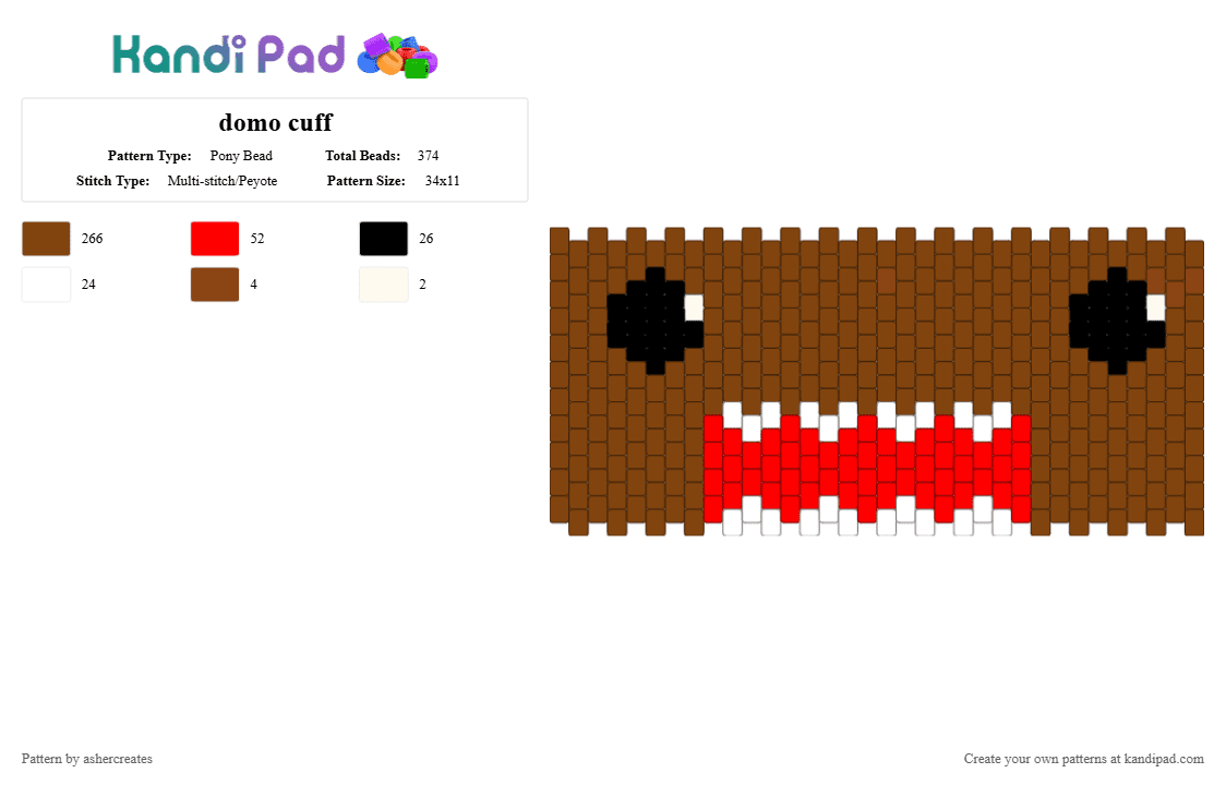 domo cuff - Pony Bead Pattern by ashercreates on Kandi Pad - tan,domo,invader zim,multistich