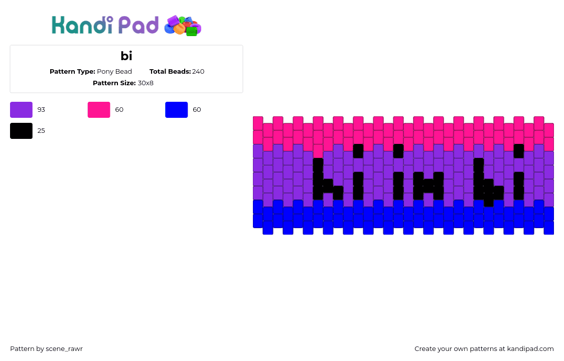 bi - Pony Bead Pattern by scene_rawr on Kandi Pad - hi im bi,bisexual,pride,cuff,pink,purple,blue