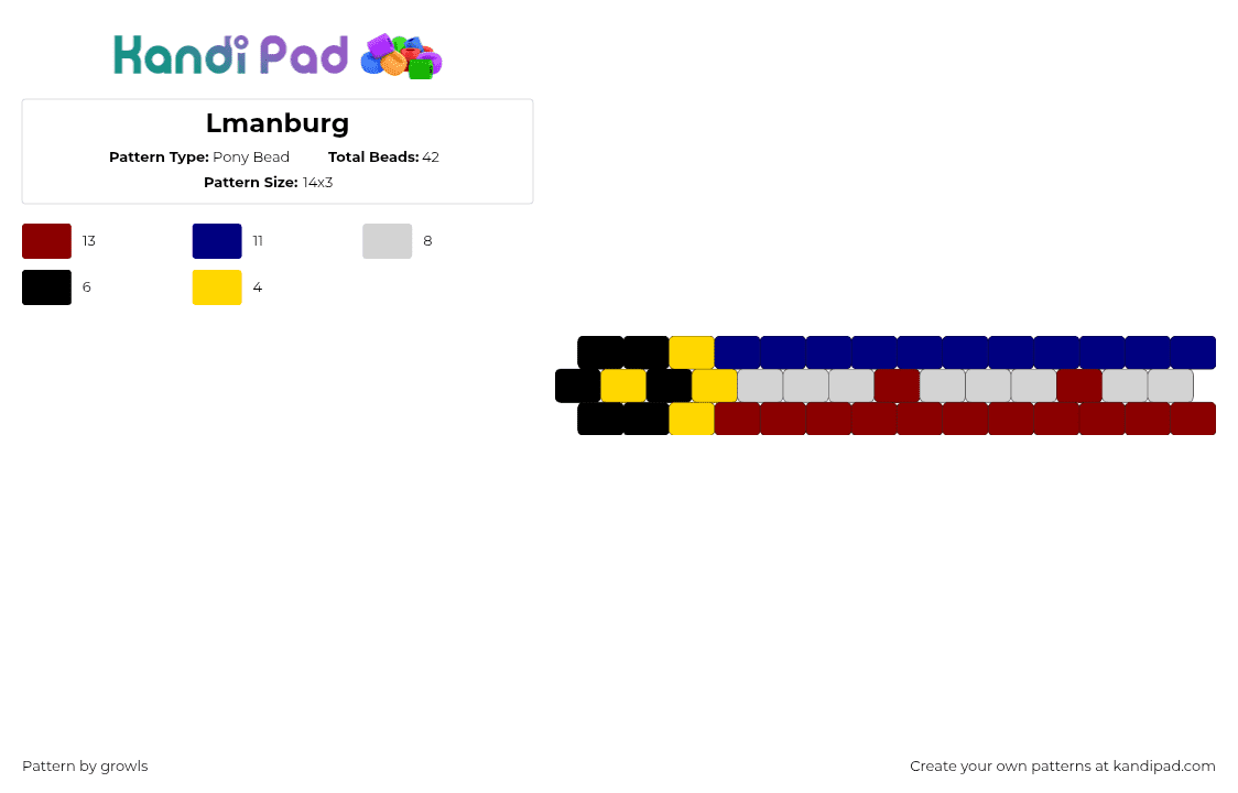 Lmanburg - Pony Bead Pattern by growls on Kandi Pad - lmanburg,minecraft,flag,bracelet,cuff,video game,black,blue,red,gray