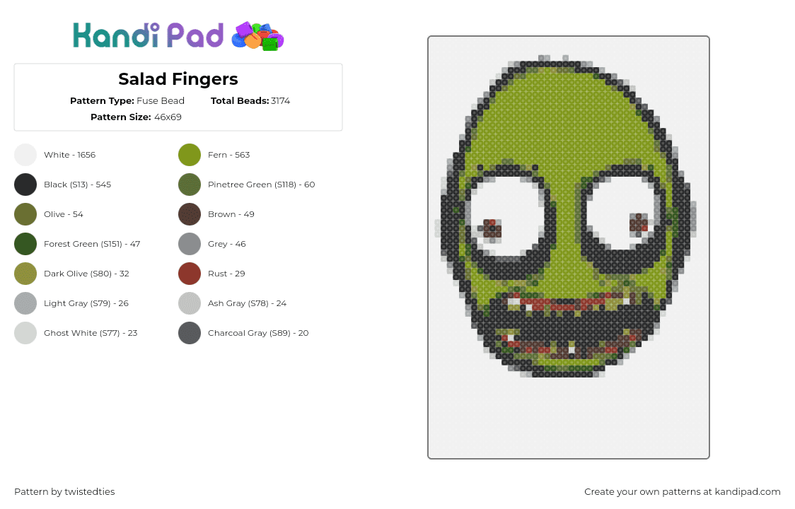 Salad Fingers - Fuse Bead Pattern by twistedties on Kandi Pad - salad fingers,newgrounds,animation,head,character,horror,creepy,spooky,nostalgia,green