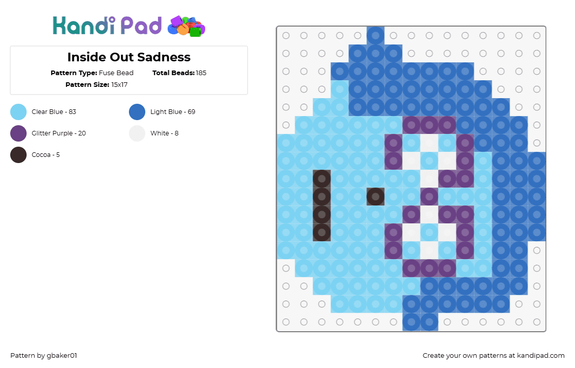 Inside Out Sadness - Fuse Bead Pattern by gbaker01 on Kandi Pad - sadness,inside out,head,character,animation,movie,light blue