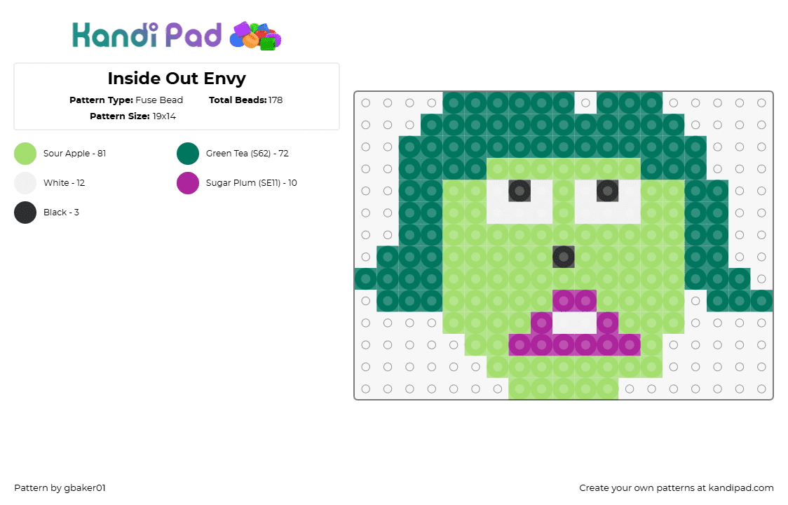 Inside Out Envy - Fuse Bead Pattern by gbaker01 on Kandi Pad - envy,inside out,head,character,animation,movie,green