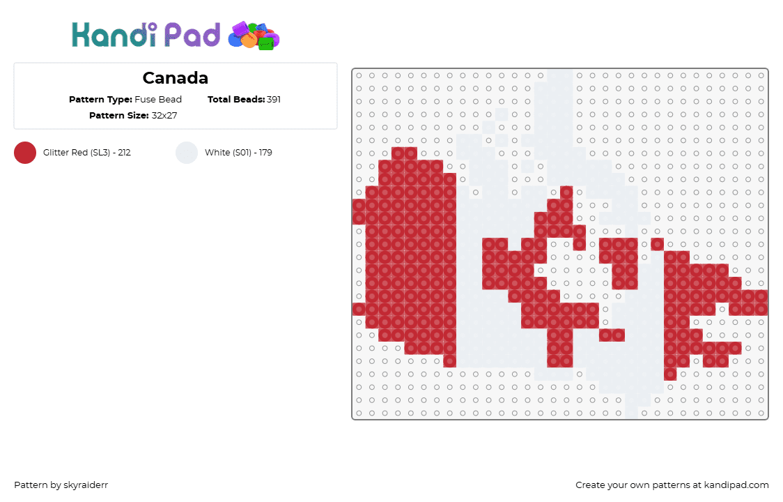 Canada - Fuse Bead Pattern by skyraiderr on Kandi Pad - canada,country,flag,red,white