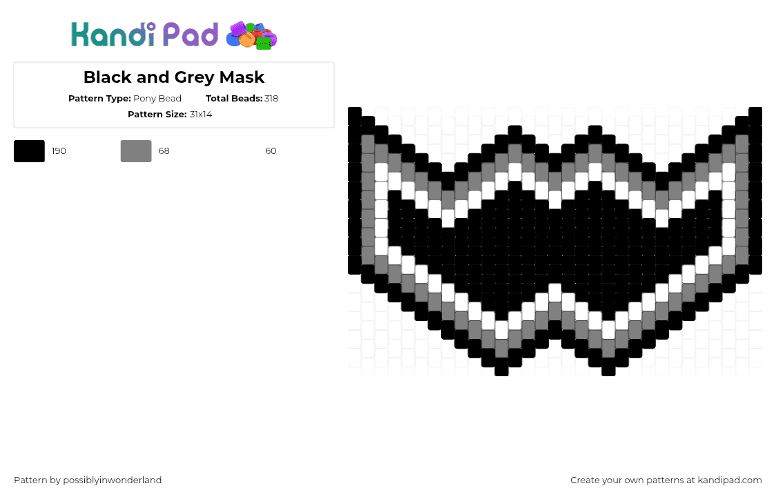 Black and Grey Mask - Pony Bead Pattern by possiblyinwonderland on Kandi Pad - mask,outline,geometric,black,gray