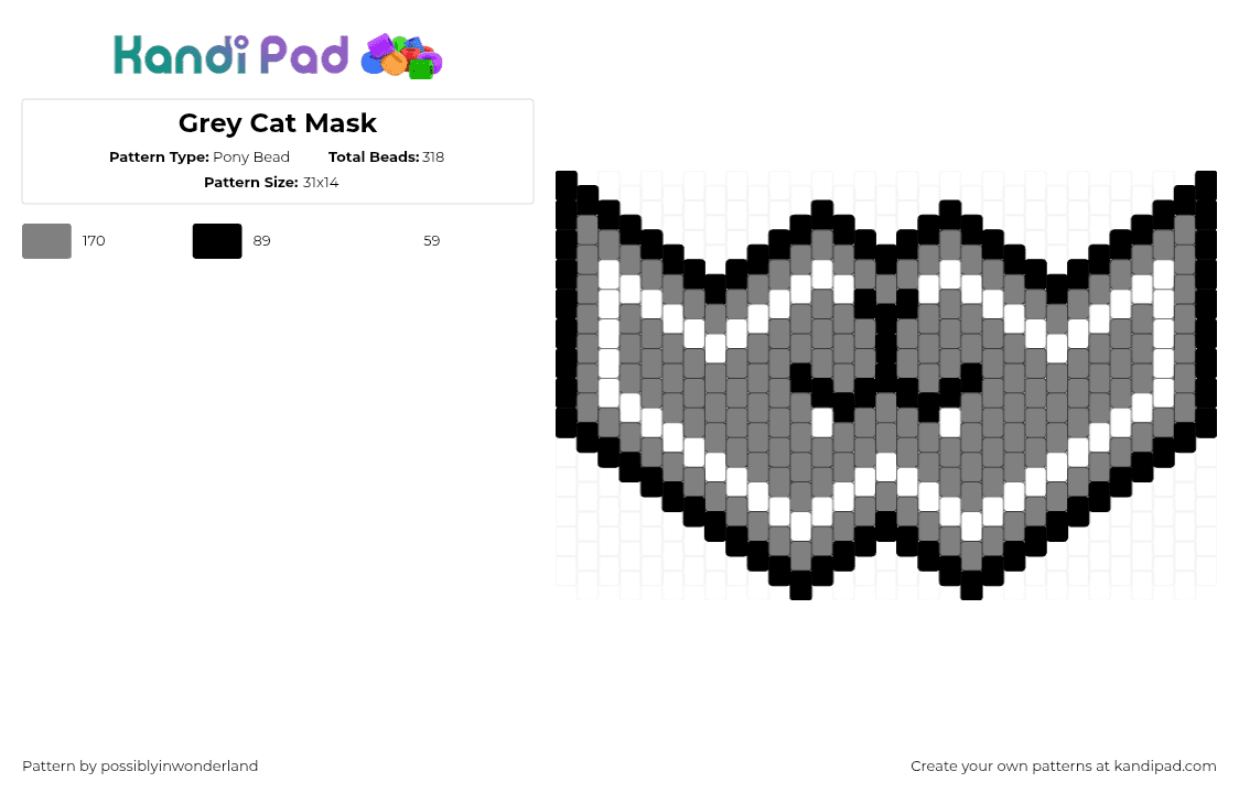 Grey Cat Mask - Pony Bead Pattern by possiblyinwonderland on Kandi Pad - cat,mouth,mask,animal,gray,black,white