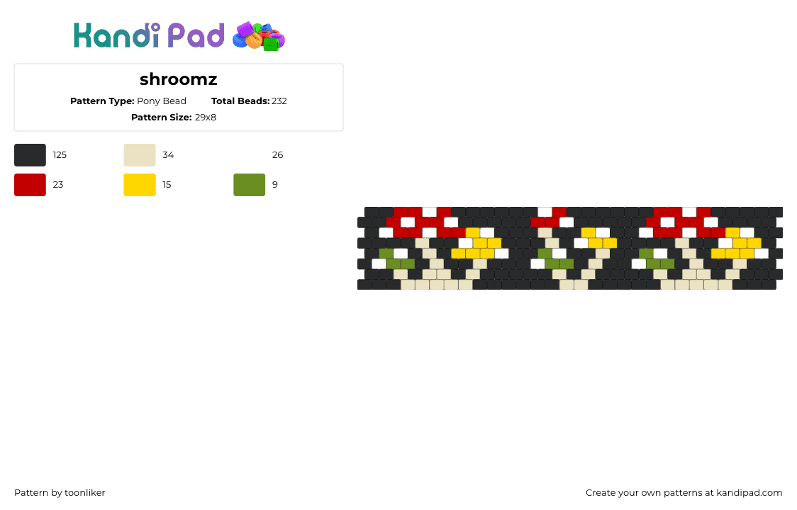 shroomz - Pony Bead Pattern by toonliker on Kandi Pad - mushrooms,fungus,dark,cuff,rasta,red,yellow,green,black