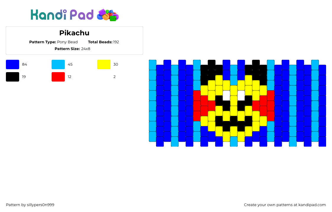 Pikachu - Pony Bead Pattern by sillypers0n999 on Kandi Pad - pikachu,pokemon,vertical,stripes,gaming,cuff,yellow,blue