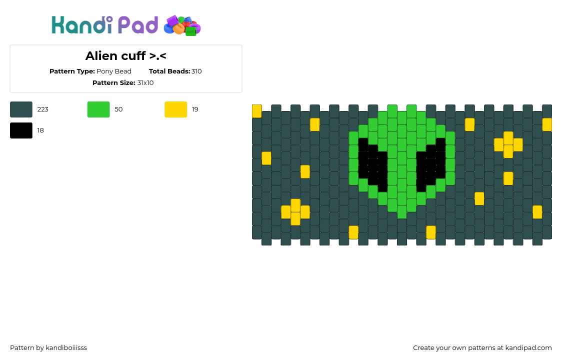 Alien cuff >. - Pony Bead Pattern by kandiboiiisss on Kandi Pad - alien,space,night,extraterrestrial,cuff,green,teal,yellow