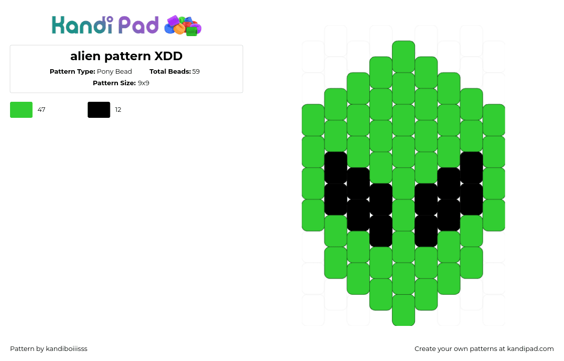 alien pattern XDD - Pony Bead Pattern by kandiboiiisss on Kandi Pad - alien,extraterrestrial,simple,head,charm,green