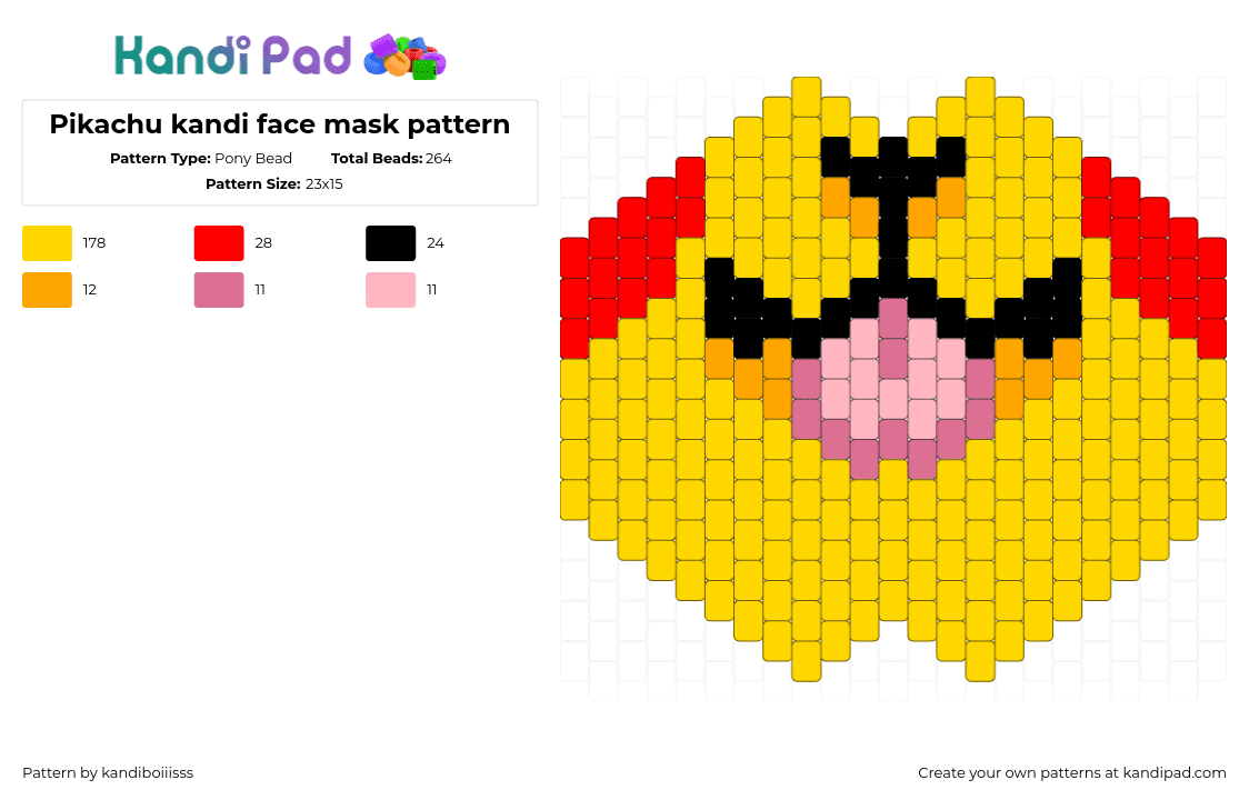 Pikachu kandi face mask pattern - Pony Bead Pattern by kandiboiiisss on Kandi Pad - pikachu,pokemon,mouth,mask,face,gaming,tongue,cute,yellow