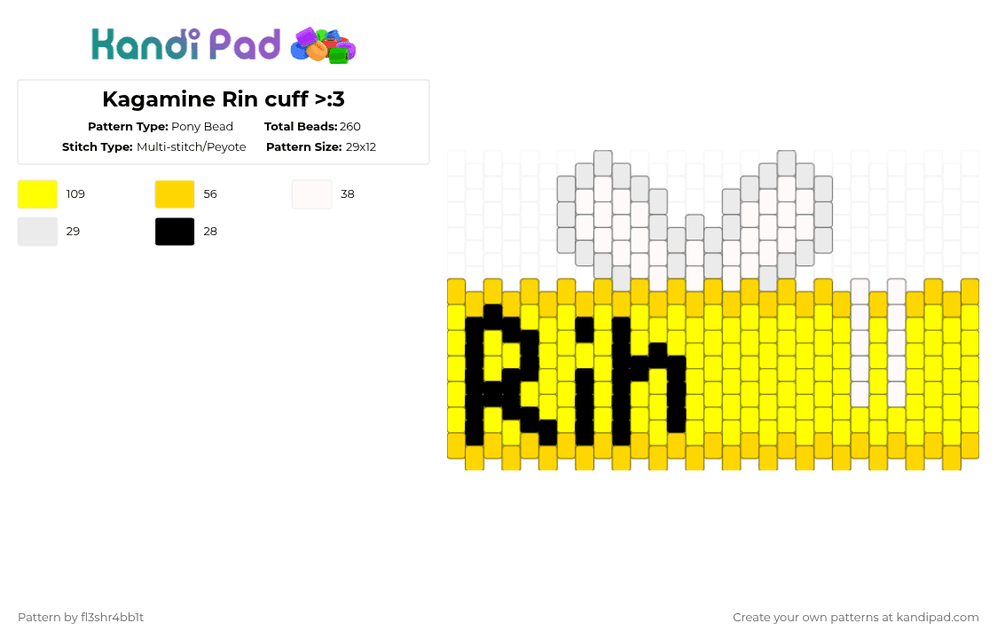 Kagamine Rin cuff >:3 - Pony Bead Pattern by fl3shr4bb1t on Kandi Pad - yellow,white