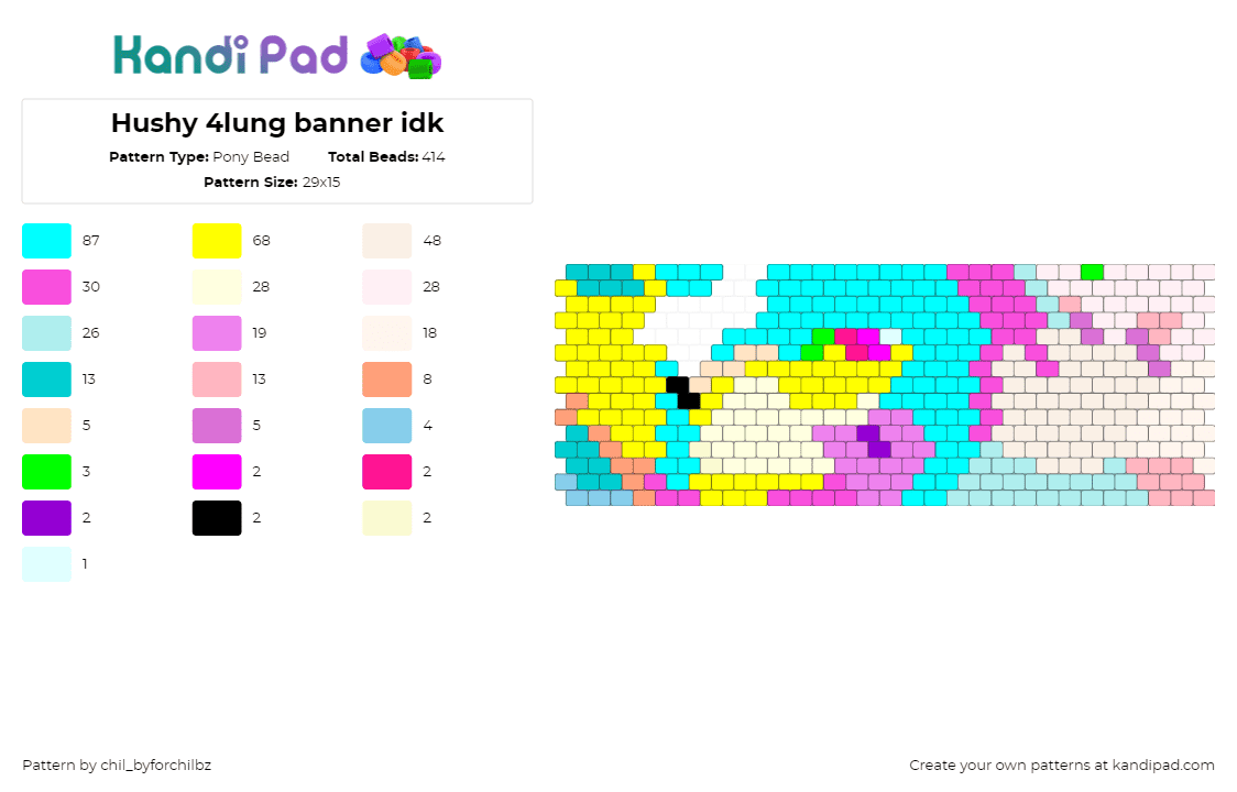 Hushy 4lung banner idk - Pony Bead Pattern by chil_byforchilbz on Kandi Pad - 4lung,hushy,furry,pastel,music,bright,cuff,teal,yellow,beige
