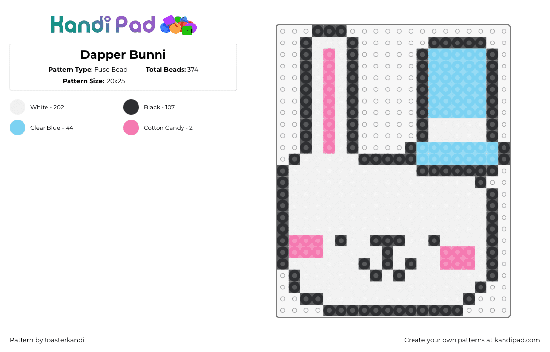 Dapper Bunni - Fuse Bead Pattern by toasterkandi on Kandi Pad - bunny,rabbit,top hat,animal,cute,fancy,head,white,light blue,pink