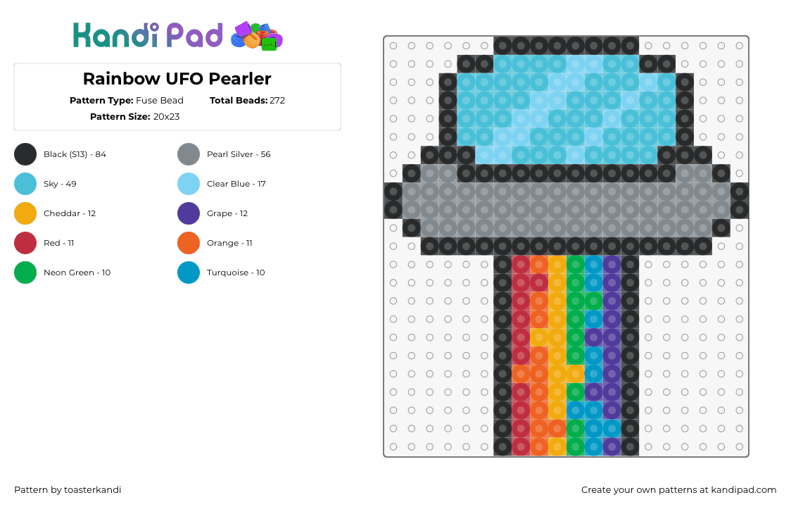 Rainbow UFO Pearler - Fuse Bead Pattern by toasterkandi on Kandi Pad - ufo,flying saucer,tractor beam,rainbow,space ship,alien,teal,gray