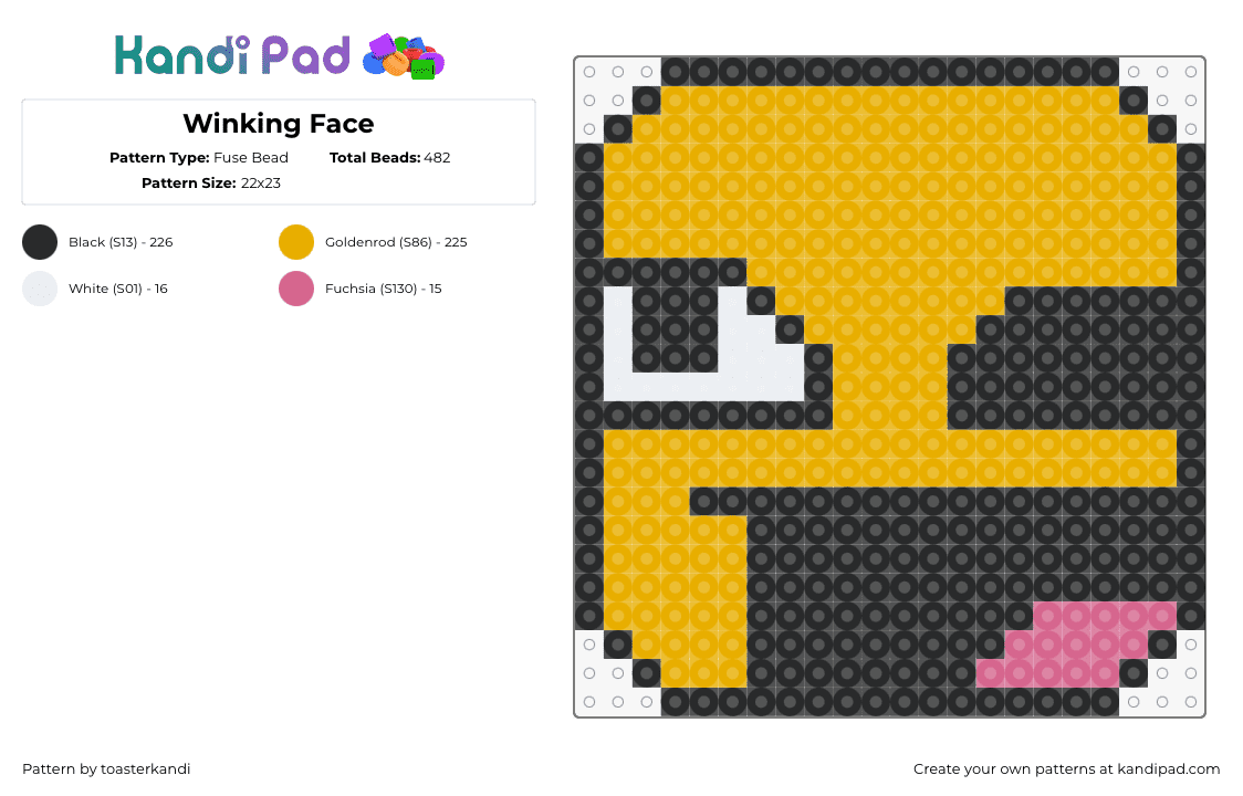 Winking Face - Fuse Bead Pattern by toasterkandi on Kandi Pad - wink,emoji,smiley,face,charm,yellow,black