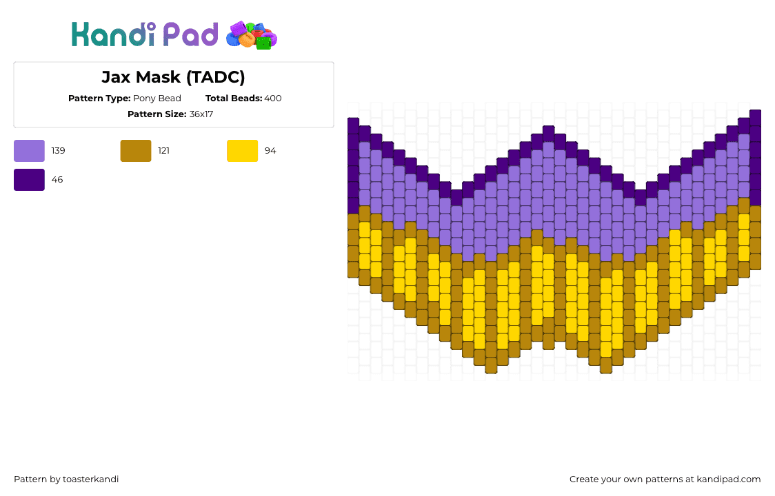 Jax Mask (TADC) - Pony Bead Pattern by toasterkandi on Kandi Pad - jax,amazing digital circus,mask,character,cartoon,tv show,purple,yellow