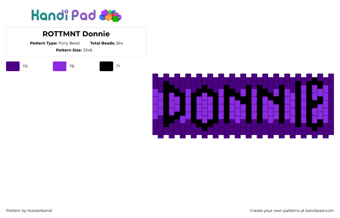 ROTTMNT Donnie - Pony Bead Pattern by toasterkandi on Kandi Pad - donnie,donatello,tmnt,teenage mutant ninja turtles,text,cuff,purple