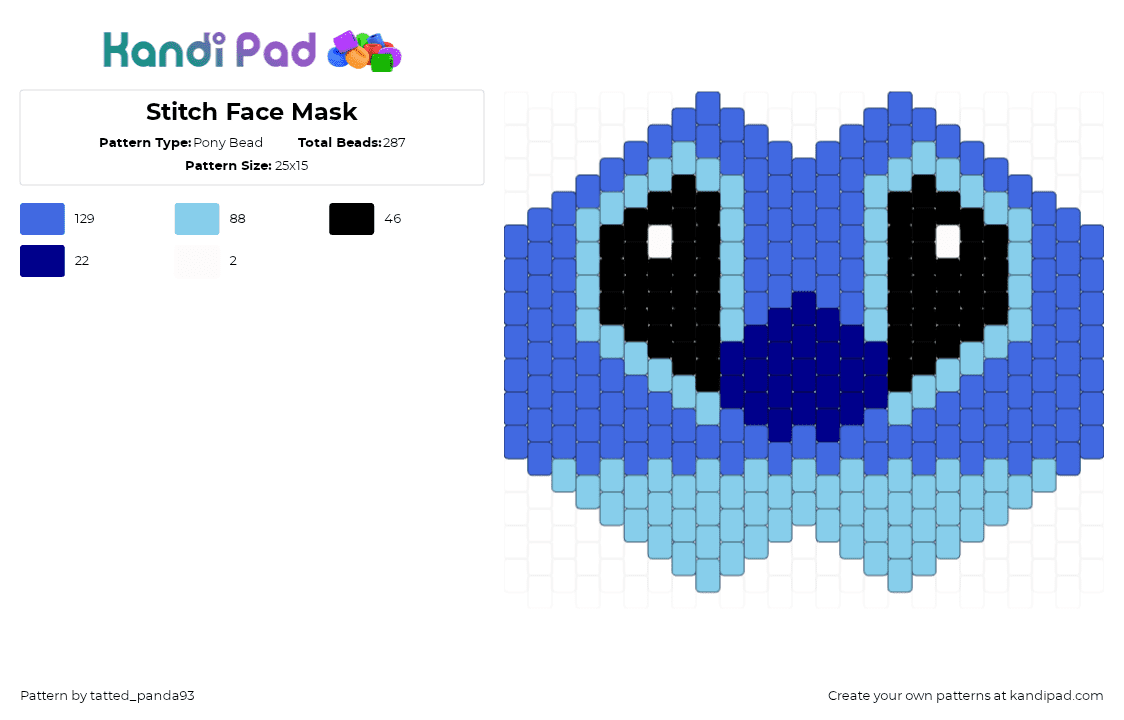 Stitch Face Mask - Pony Bead Pattern by tatted_panda93 on Kandi Pad - stitch,lilo and stitch,mask,disney,face,cute,movie,blue,light blue