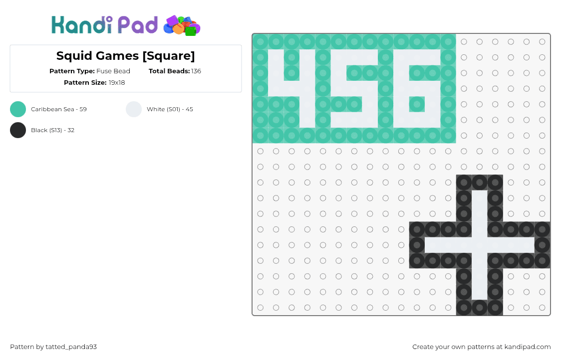 Squid Games [Square] - Fuse Bead Pattern by tatted_panda93 on Kandi Pad - squid game,456,plus,charms,tv show,teal,white,black