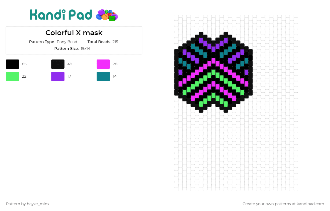 Colorful X mask - Pony Bead Pattern by hayze_minx on Kandi Pad - geometric,mask,zigzag,chevron,vibrant,statement,festival,costume,purple,pink,green