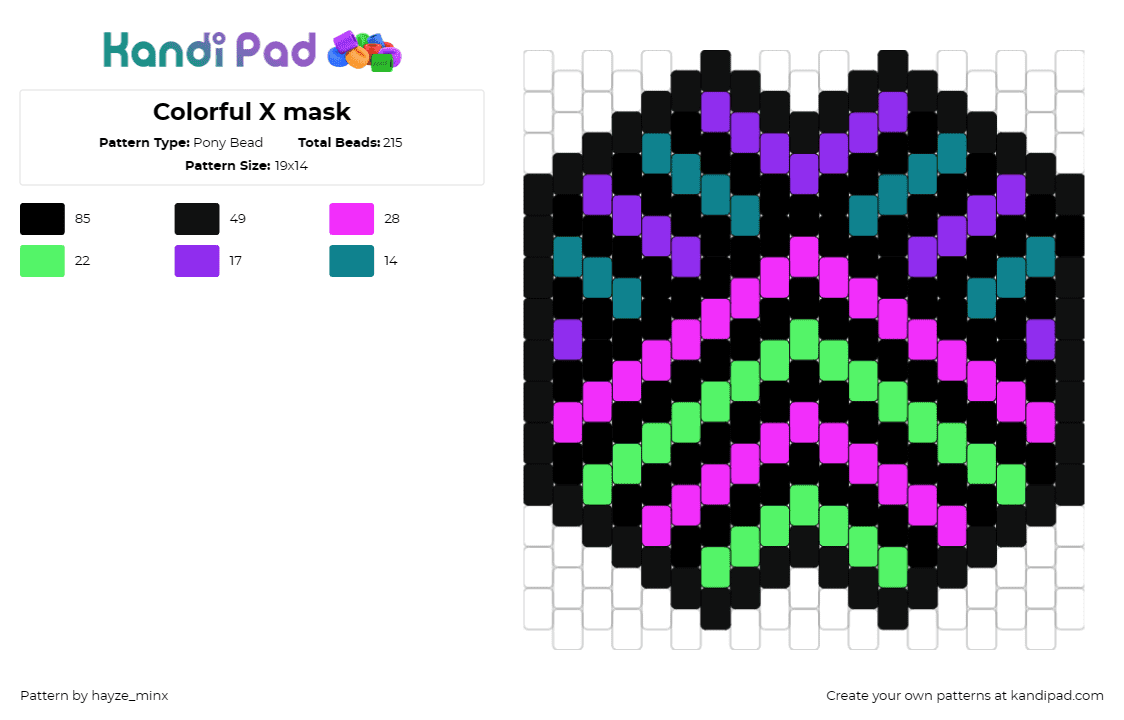 Colorful X mask - Pony Bead Pattern by hayze_minx on Kandi Pad - geometric,mask,zigzag,chevron,vibrant,statement,festival,costume,purple,pink,gre