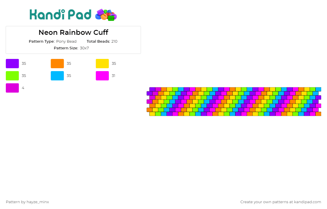 Neon Rainbow Cuff - Pony Bead Pattern by hayze_minx on Kandi Pad - neon,rainbow,diagonal,stripes,colorful,cuff