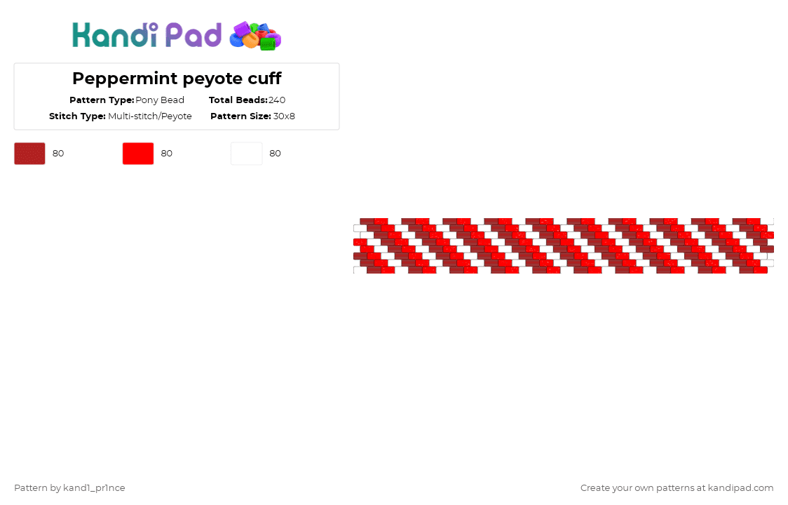 Peppermint peyote cuff - Pony Bead Pattern by kand1_pr1nce on Kandi Pad - red,white