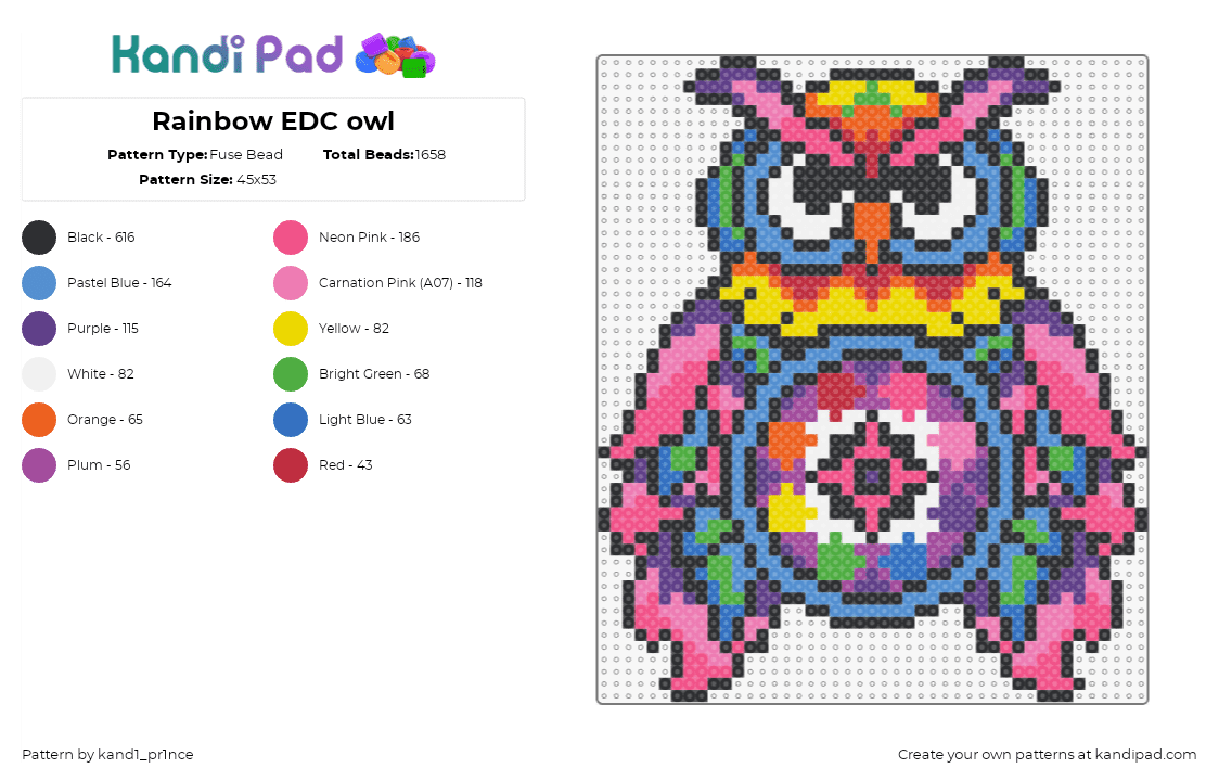 Rainbow EDC owl - Fuse Bead Pattern by kand1_pr1nce on Kandi Pad - owl,edc,festival,bird,colorful,music,animal,pink,purple,blue,yellow