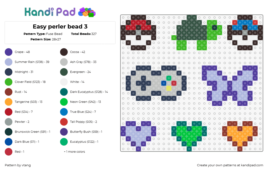 Easy perler bead 3 - Fuse Bead Pattern by vtang on Kandi Pad - turtle,pokeball,hearts,butterfly,controller,video game,simple,charms,colorful,purple,green