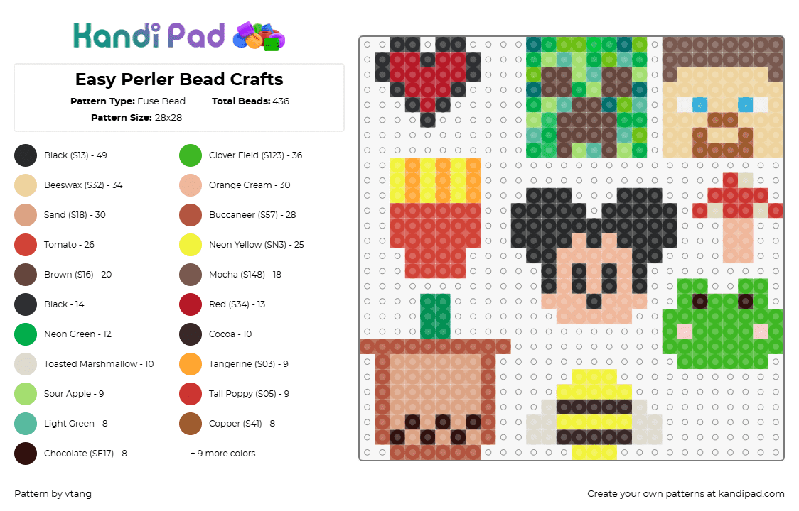 Easy Perler Bead Crafts - Fuse Bead Pattern by vtang on Kandi Pad - creeper,steve,fries,heart,frog,bee,mickey,charms,simple,minecraft,green,tan,red